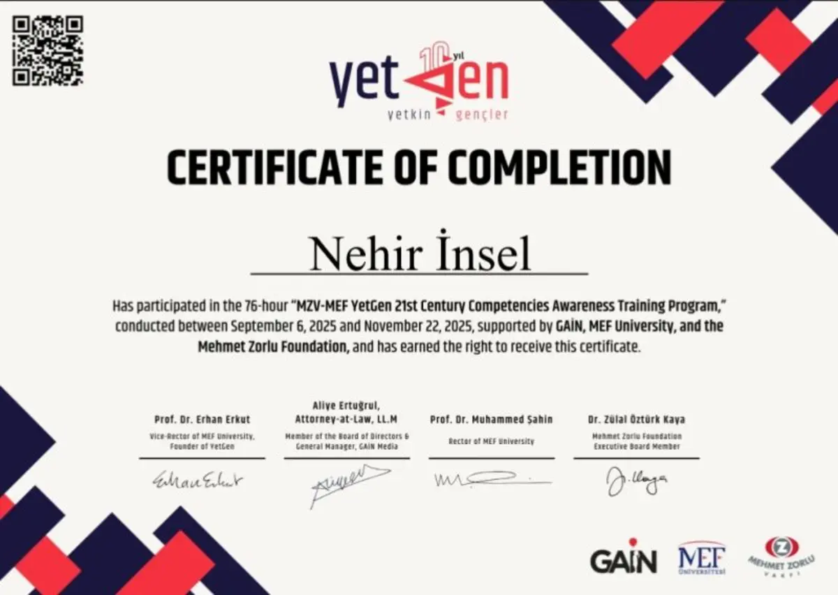 YetGen — Yetkin Gençler katılım sertifikası